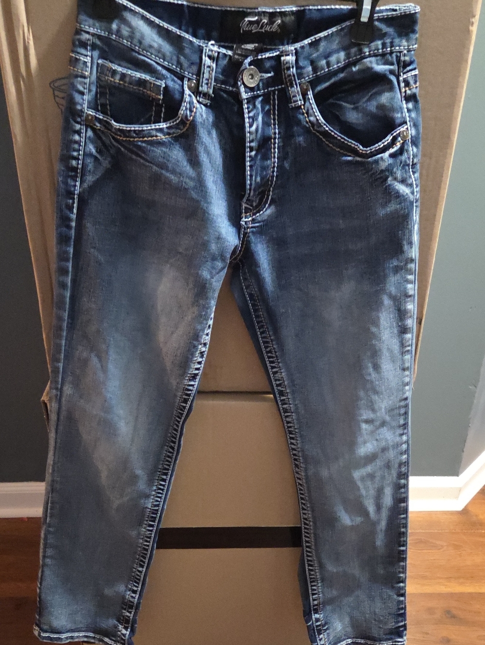 True Luck Men's Jeans Size 30x30 Thick White Contrast Stitch Dark Wash Stretch